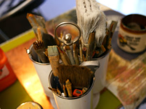 Seth Smith's collection of paint brushes.