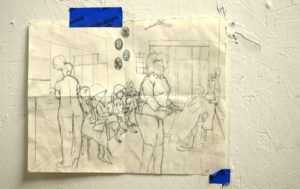 A rough sketch of a beauty parlor scene is taped to the wall in Glyneisha's studio.